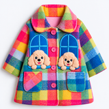 Lucky sale- Plaid coat featuring a cartoon puppy lying on a windowsill