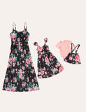 Family Matching All Over Floral Print Spaghetti Strap Midi Dresses and Splicing T-Shirt Sets - CCMOM