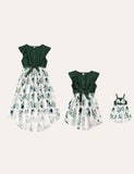 Family Matching Button Design Flutter Sleeves Bow Belted Splicing Floral Print Dress - CCMOM