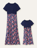 Family Matching Floral Print Splice Solid Color Short Sleeves High Waist Dress Sets - CCMOM