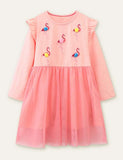 Flamingo Embroidered Pom Pom Mesh Dress - CCMOM