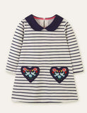 Flower and Bird Embroidered Striped Long-Sleeved Dress - CCMOM