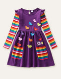 Flower Butterfly Appliqu¡§| Rainbow Long Sleeve Dress - CCMOM