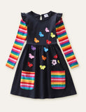 Flower Butterfly Appliqu¡§| Rainbow Long Sleeve Dress - CCMOM