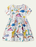 Girl Dinosaur Full Print Short Sleeves Dress