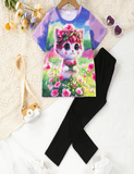 Girls' Cute Cat Print Tops and Trousers - CCMOM