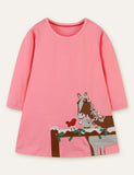 Horse and Bird Appliqu¨¦ Long Sleeve Dress - CCMOM