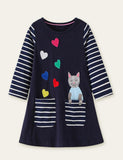Kitten Appliqu¡§| Love Embroidered Long Sleeve Dress - CCMOM