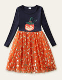 Pumpkin Printed Mesh Long Sleeve Dress - CCMOM