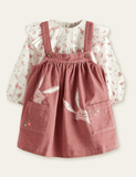 Rabbit Appliqu¡§| Embroidered Strap Dress + Floral Printed Shirt - CCMOM
