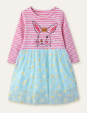 Rabbit Flower Printed Mesh Long Sleeve Dress - CCMOM