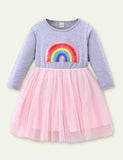 Rainbow Appliqu¡§| Sequined Long Sleeve Dress - CCMOM