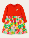 Rainbow Embroidery Floral Printed Long Sleeve Dress - CCMOM