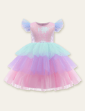 Rainbow Mesh Flounced Sleeve Party Dress - CCMOM