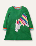 Rainbow Pony Appliqu¡§| Long Sleeve Dress - CCMOM