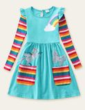 Rainbow Sequined Unicorn Butterfly Long Sleeve Dress - CCMOM