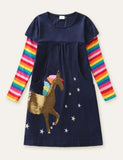 Sequined Unicorn Appliqu¡§| Star Embroidered Rainbow Dress - CCMOM