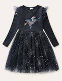 Sequined Unicorn Embroidered Long Sleeve Dress - CCMOM