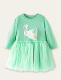 Swan Appliqu¡§| Mesh Long Sleeve Dress - CCMOM