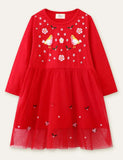 Toddler Bird Appliqu¡§| Flower Embroidered Long Sleeve Dress - CCMOM