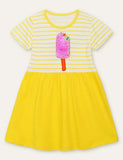 Toddler Girl 3D Ice Cream Appliqu¡§| Stripe Short Sleeves Splice Cotton Dress - CCMOM