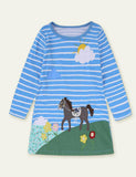 Toddler Girl Animals Embroidered Long Sleeve Stripe Dress - CCMOM