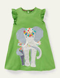Toddler Girl Big Elephant Appliqu¡§| Flutter-sleeve Dress