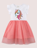 Toddler Girl Cartoon Unicorn Applique Flutter Sleeves Splicing Mesh Dress - CCMOM