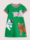 Toddler Girl Cute Cat Appliqu¡§| Rainbow Cuffs Short Sleeves Dress - CCMOM
