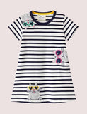 Toddler Girl Cute Cat Appliqu¡§| Stripe Short Sleeves Dress - CCMOM