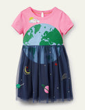 Toddler Girl Earth Appliqu¡§| Layered Mesh Splice Dress