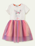 Toddler Girl Rabbit Print Short Sleeve Splicing Color Mesh Dress - CCMOM