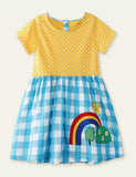 Toddler Girl Rainbow Plaid Appliqu¡§| Splicing Polka Dots Short Sleeves Dress
