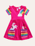 Toddler Girl Rainbow Unicorn Appliqu¡§| Dress With Pocket - CCMOM