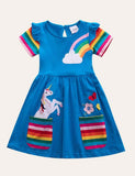 Toddler Girl Rainbow Unicorn Appliqu¡§| Dress With Pocket - CCMOM