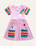 Toddler Girl Rainbow Unicorn Appliqu¡§| Dress With Pocket - CCMOM