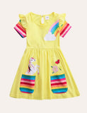 Toddler Girl Rainbow Unicorn Appliqu¡§| Dress With Pocket - CCMOM