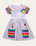 Toddler Girl Rainbow Unicorn Appliqu¡§| Dress With Pocket - CCMOM