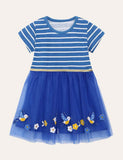 Toddler Girl Stripe Birds & Flower Embroidery Layered Mesh Splice Dress - CCMOM