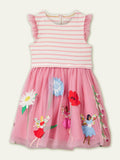 Toddler Girl Stripe Flower Embroidered Ruffle Layered Mesh Splice Dress - CCMOM