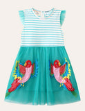 Toddler Girl Stripe Flower Embroidered Ruffle Layered Mesh Splice Dress - CCMOM