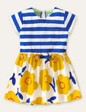 Toddler Girl Striped Sleeveless Splicing Flower Print Drawstring Dress - CCMOM