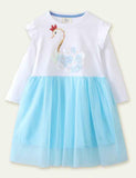 Toddler Girl Swan Appliqu¡§| Long Sleeve Splice Dress - CCMOM