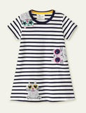 Toddler Girl Three Cats Appliqu¡§| Striped Short Sleeves Dress
