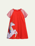 Toddler Girl Turtle Appliqu¡§| Short-Sleeved Striped Dress - CCMOM
