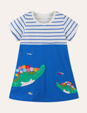 Toddler Girl Turtle Appliqu¡§| Splicing Striped Short Sleeves Dress - CCMOM