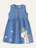 Toddler Girl Unicorn Appliqu¡§| Embroidered Button Design Sleeveless Denim Dress - CCMOM