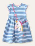 Toddler Girl Unicorn Appliqu¡§| Embroidered Striped Flutter-sleeve Dress - CCMOM