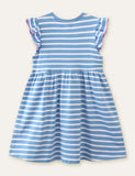 Toddler Girl Unicorn Appliqu¡§| Embroidered Striped Flutter-sleeve Dress - CCMOM