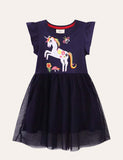 Toddler Girl Unicorn Appliqu¡§| Flutter-sleeve Mesh Splice Dress - CCMOM